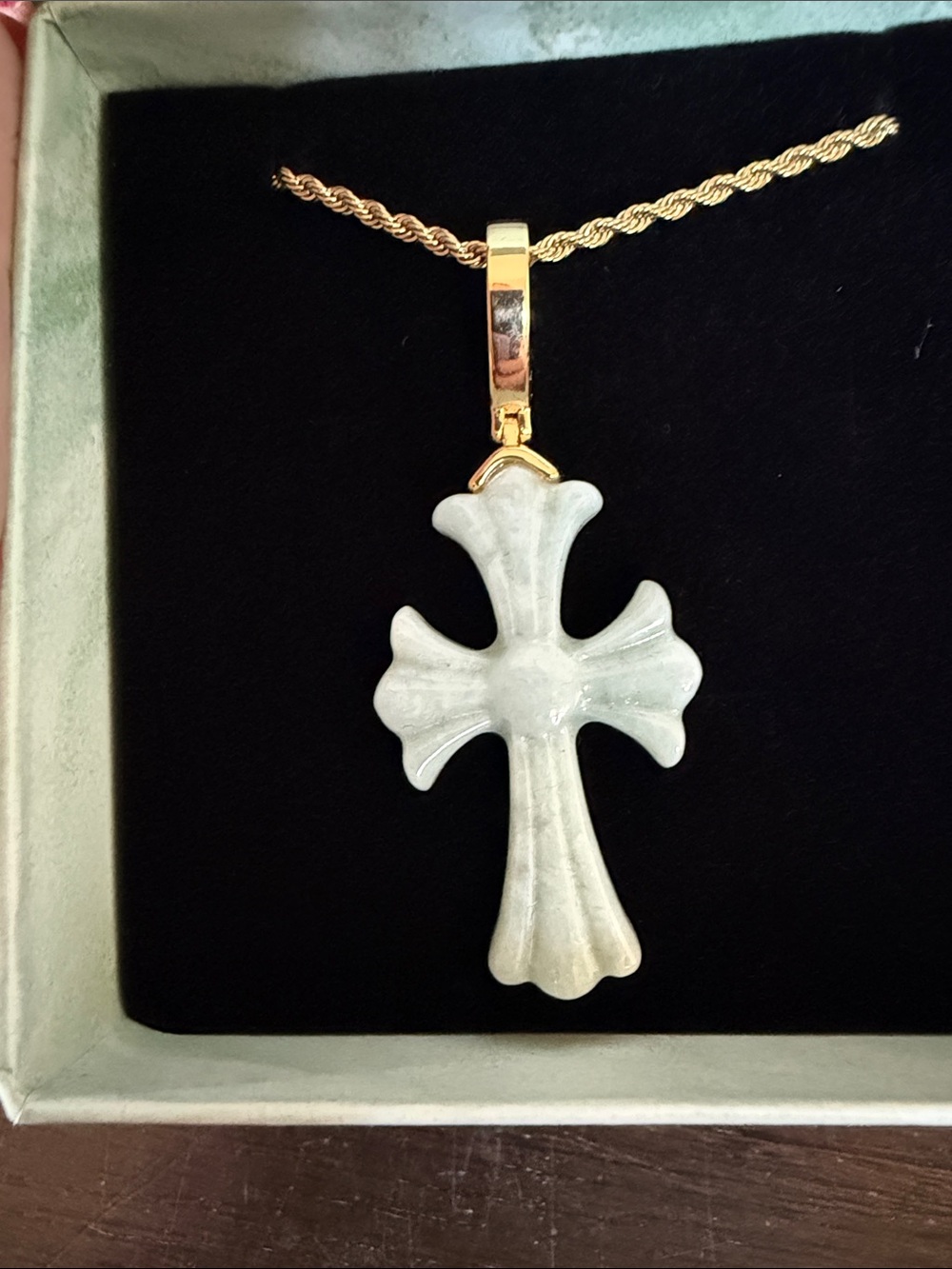 Jade Cross Necklace on a Sterling Silver Gold Rope Chain
